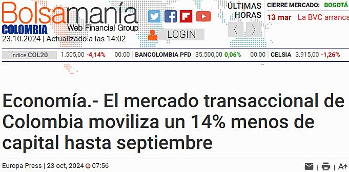 Economa.- El mercado transaccional de Colombia moviliza un 14% menos de capital hasta septiembre